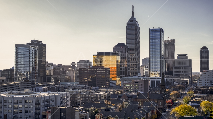 The towering skyscrapers in the city's skyline in Downtown Indianapolis, Indiana Aerial Stock Photo DXP001_090_0010 | Axiom Images