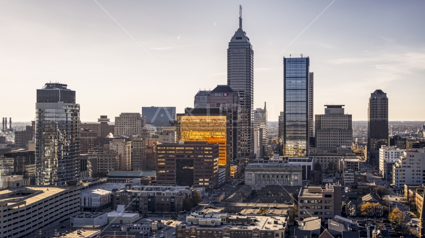 A group of skyscrapers in the city's skyline in Downtown Indianapolis, Indiana Aerial Stock Photo DXP001_090_0013 | Axiom Images