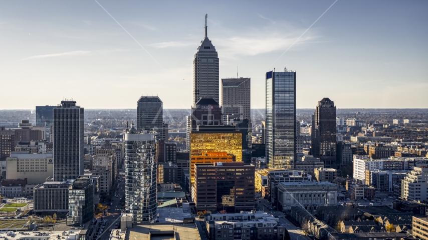 Towering skyscrapers and city buildings in the city's skyline in Downtown Indianapolis, Indiana Aerial Stock Photo DXP001_090_0015 | Axiom Images