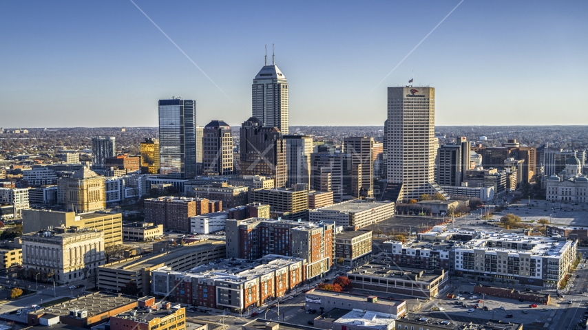 Skyscrapers in the city's skyline in Downtown Indianapolis, Indiana Aerial Stock Photo DXP001_091_0005 | Axiom Images