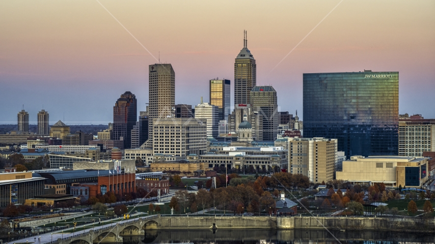 The JW Marriott hotel and city's skyline at sunset, Downtown Indianapolis, Indiana Aerial Stock Photo DXP001_092_0017 | Axiom Images