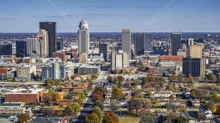 Skyscrapers in the city's skyline, Downtown Louisville, Kentucky Aerial Stock Photo DXP001_094_0005 | Axiom Images