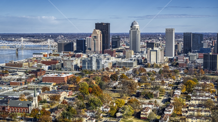 The city's riverfront skyline in Downtown Louisville, Kentucky Aerial Stock Photo DXP001_094_0006 | Axiom Images