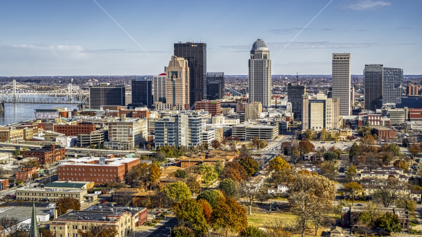 A view of skyscrapers in the city's skyline in Downtown Louisville, Kentucky Aerial Stock Photo DXP001_094_0007 | Axiom Images