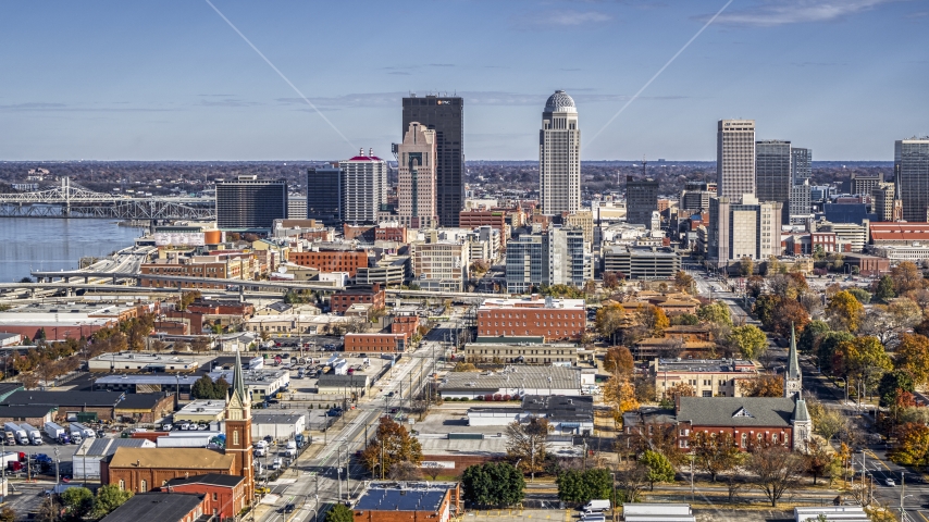 Tall skyscrapers in the city's skyline in Downtown Louisville, Kentucky Aerial Stock Photo DXP001_094_0008 | Axiom Images