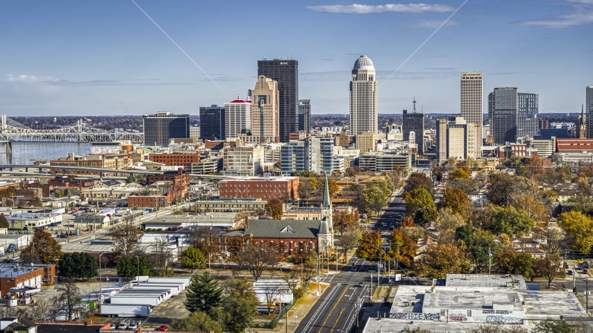 Skyscrapers in the city's skyline near the river in Downtown Louisville, Kentucky Aerial Stock Photo DXP001_094_0009 | Axiom Images