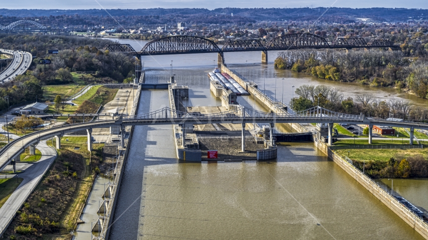 Locks and a dam on the Ohio River in Louisville, Kentucky Aerial Stock Photo DXP001_094_0012 | Axiom Images