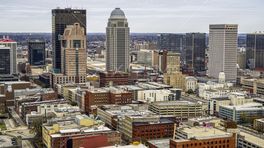 Tall skyscrapers in the city skyline in Downtown Louisville, Kentucky Aerial Stock Photo DXP001_095_0003 | Axiom Images