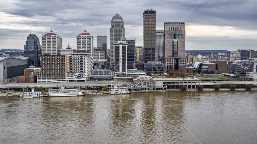 The downtown skyline seen from the river in Downtown Louisville, Kentucky Aerial Stock Photo DXP001_095_0011 | Axiom Images