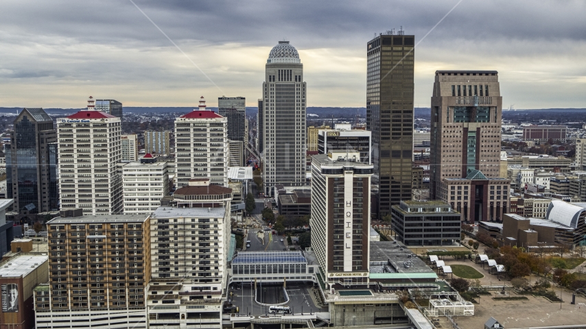 The skyline and riverfront hotel in Downtown Louisville, Kentucky Aerial Stock Photo DXP001_095_0013 | Axiom Images