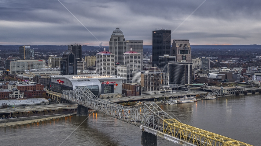 The city's skyline at twilight, seen from Ohio River, Downtown Louisville, Kentucky Aerial Stock Photo DXP001_096_0005 | Axiom Images