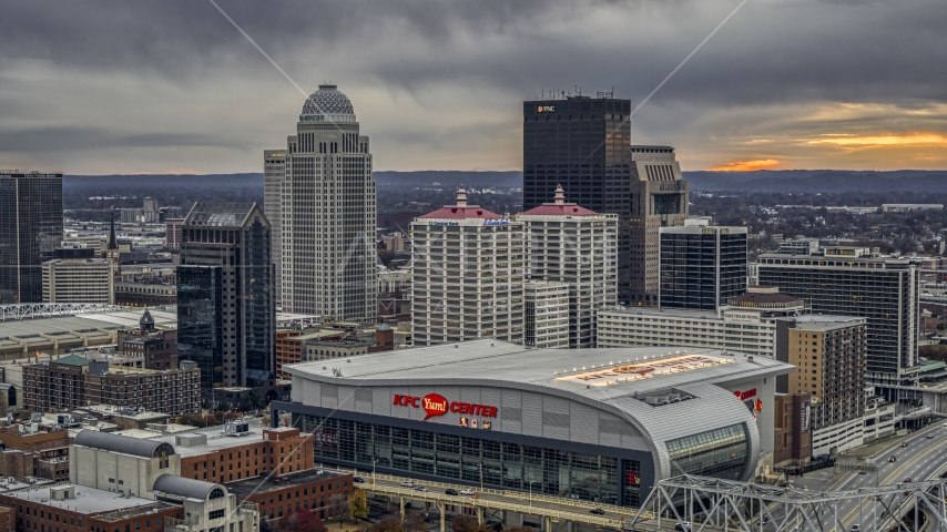 The skyline lit up at night, seen from Ohio River, Downtown Louisville, Kentucky Aerial Stock Photo DXP001_096_0006 | Axiom Images