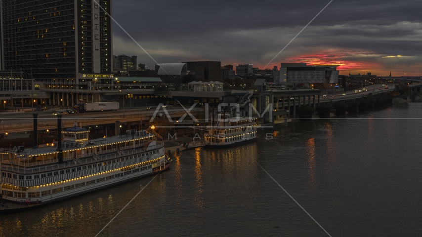 The city's skyline at night, seen from across Ohio River, Downtown Louisville, Kentucky Aerial Stock Photo DXP001_096_0007 | Axiom Images