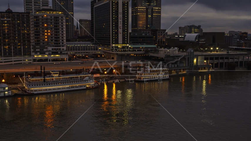 A view of the city's skyline at night, seen from Ohio River, Downtown Louisville, Kentucky Aerial Stock Photo DXP001_096_0008 | Axiom Images