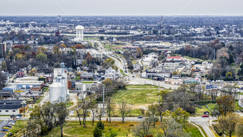 Busy street in industrial area near water tower in Lexington, Kentucky Aerial Stock Photo DXP001_099_0009 | Axiom Images