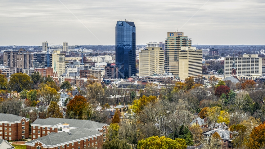 Skyscrapers and tall buildings in the city's skyline in Downtown Lexington, Kentucky Aerial Stock Photo DXP001_100_0001 | Axiom Images