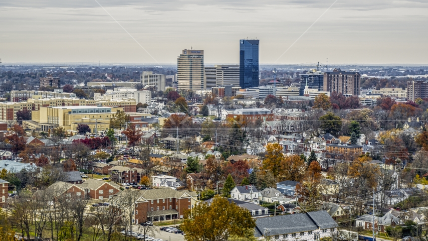 Skyscrapers in the city skyline of Downtown Lexington, Kentucky Aerial Stock Photo DXP001_100_0007 | Axiom Images