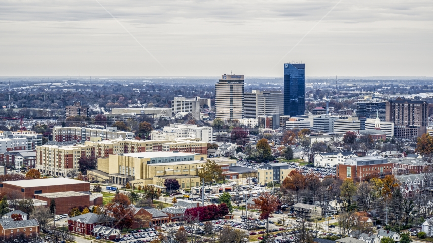 Tall skyscrapers in the city skyline of Downtown Lexington, Kentucky Aerial Stock Photo DXP001_100_0008 | Axiom Images