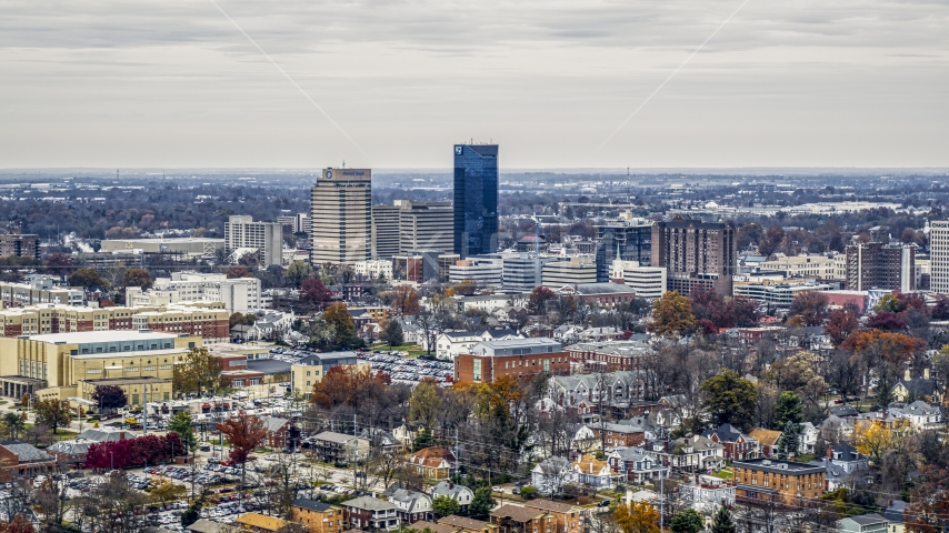 Skyscrapers in the city skyline, seen from neighborhoods, Downtown Lexington, Kentucky Aerial Stock Photo DXP001_100_0009 | Axiom Images