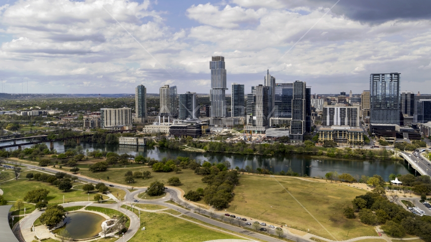 Skyscrapers across Lady Bird Lake, Downtown Austin, Texas Aerial Stock Photo DXP002_102_0013 | Axiom Images