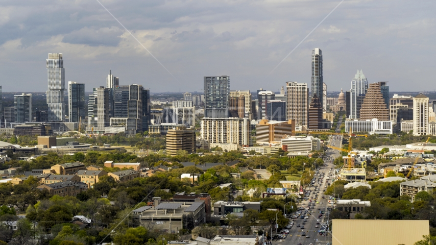 Congress Avenue and a view of the city's skyline in Downtown Austin, Texas Aerial Stock Photo DXP002_103_0012 | Axiom Images