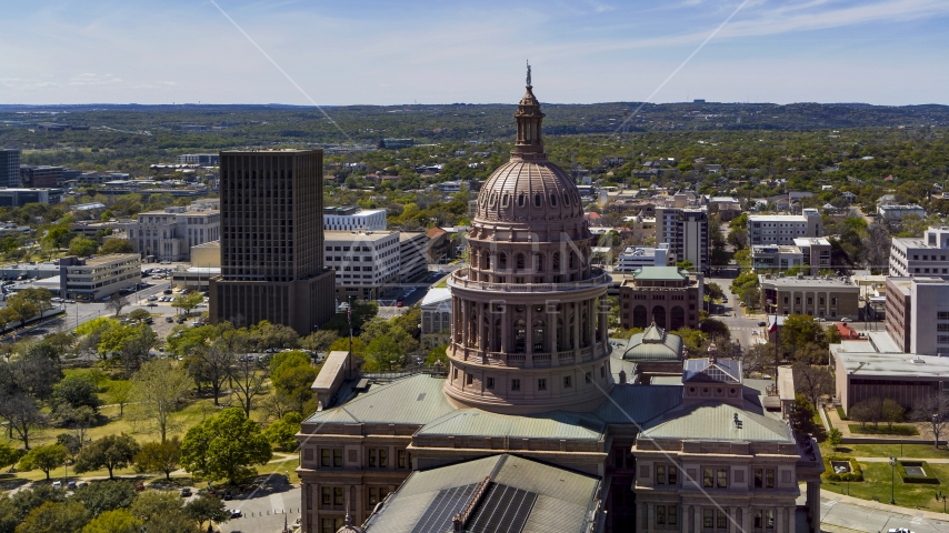 The dome of Texas State Capitol, Downtown Austin, Texas Aerial Stock Photo DXP002_107_0004 | Axiom Images