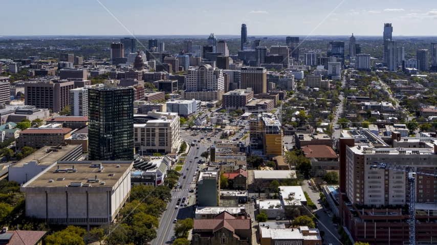 The city's skyline, seen from the University of Texas, Downtown Austin, Texas Aerial Stock Photo DXP002_107_0008 | Axiom Images