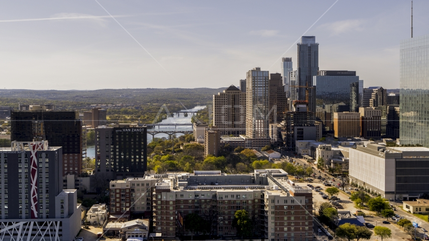 A view of the city's skyline and Lady Bird Lake in Downtown Austin, Texas Aerial Stock Photo DXP002_108_0014 | Axiom Images