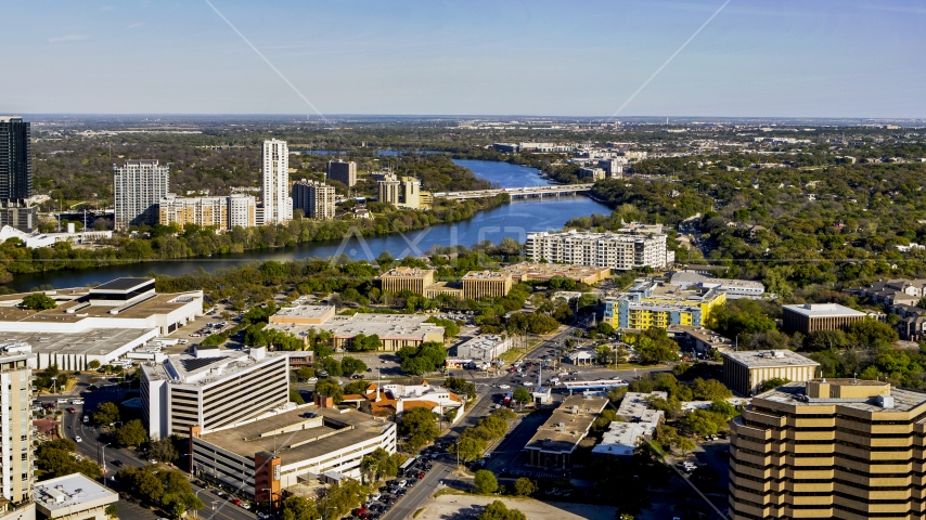 A freeway bridge spanning Lady Bird Lake, Austin, Texas Aerial Stock Photo DXP002_109_0010 | Axiom Images