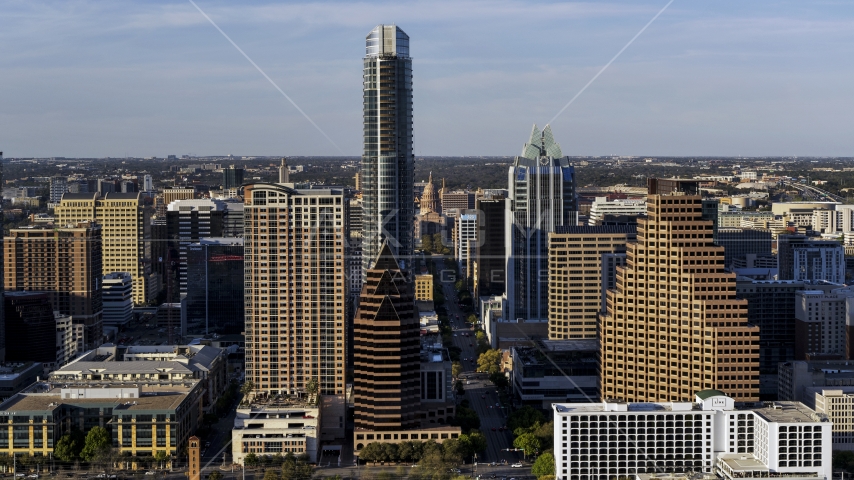 A view of the Texas State Capitol seen by The Austonian in Downtown Austin, Texas Aerial Stock Photo DXP002_109_0016 | Axiom Images