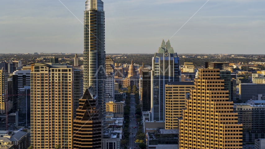 Downtown skyscrapers and the Texas State Capitol in Downtown Austin, Texas Aerial Stock Photo DXP002_109_0019 | Axiom Images