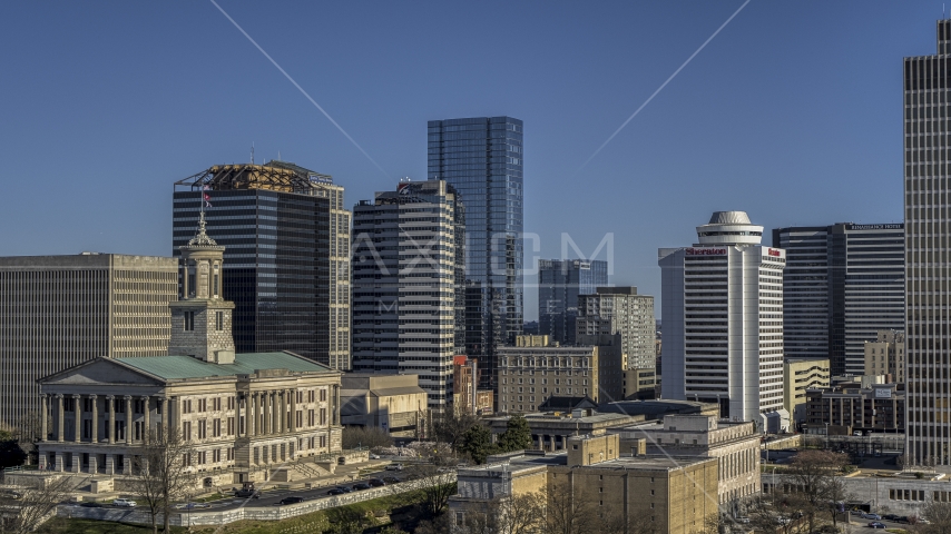 The towering 505 skyscraper seen from state capitol building in Downtown Nashville, Tennessee Aerial Stock Photo DXP002_113_0009 | Axiom Images