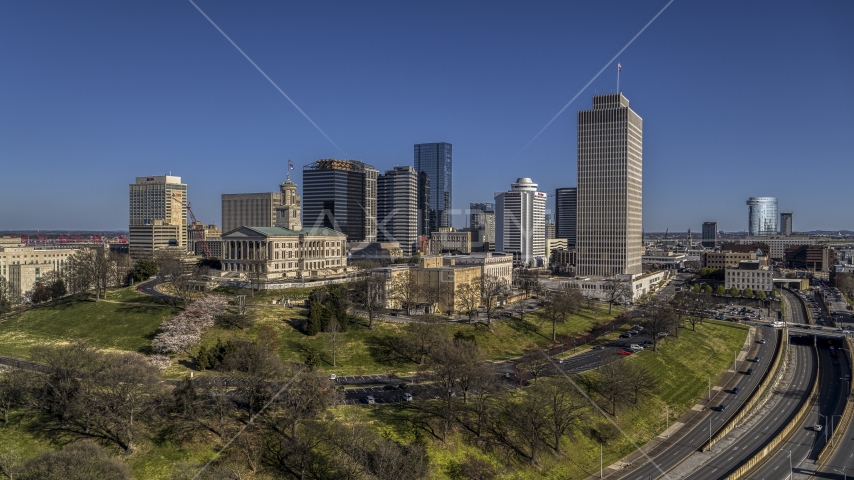 The Tennessee State Capitol, Tennessee Tower near skyscrapers in Downtown Nashville, Tennessee Aerial Stock Photo DXP002_114_0001 | Axiom Images