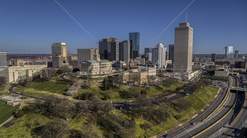 The Tennessee State Capitol, skyscrapers, Tennessee Tower in Downtown Nashville, Tennessee Aerial Stock Photo DXP002_114_0002 | Axiom Images