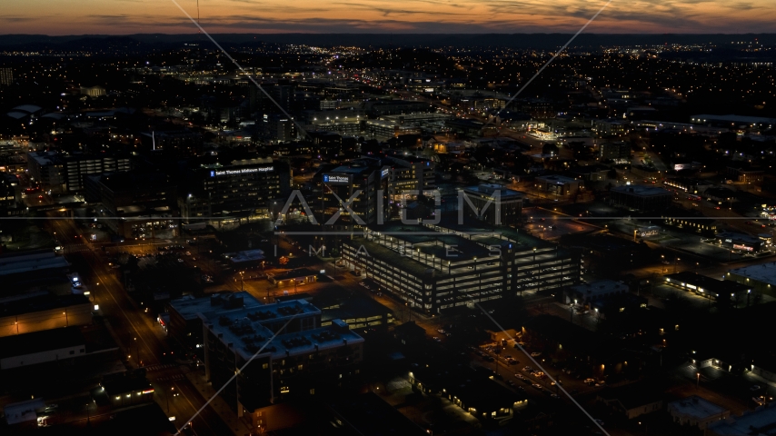 A view of a hospital complex at twilight, Nashville, Tennessee Aerial Stock Photo DXP002_115_0016 | Axiom Images