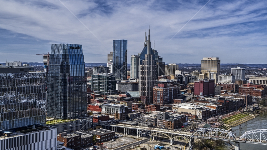 Skyscrapers seen from near an office high-rise in Downtown Nashville, Tennessee Aerial Stock Photo DXP002_116_0006 | Axiom Images