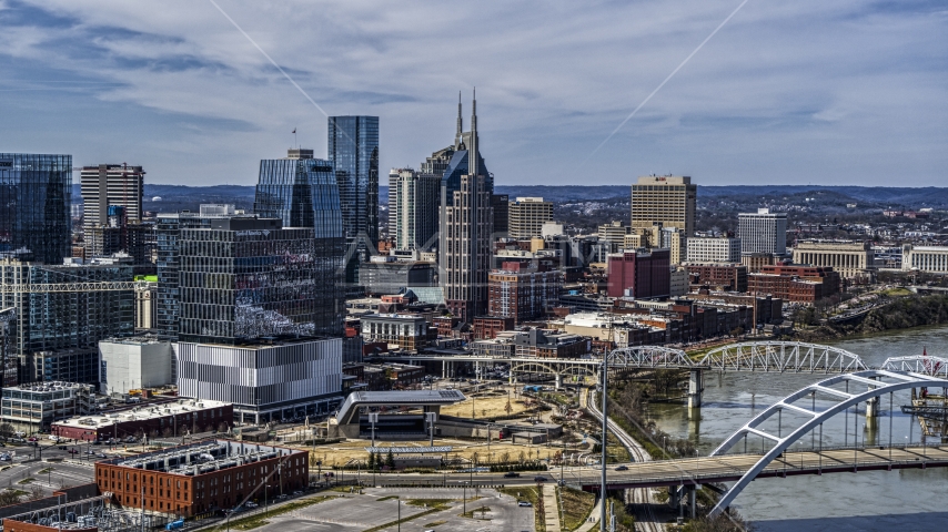 The AT&T Building seen seen from the side of the river in Downtown Nashville, Tennessee Aerial Stock Photo DXP002_116_0016 | Axiom Images