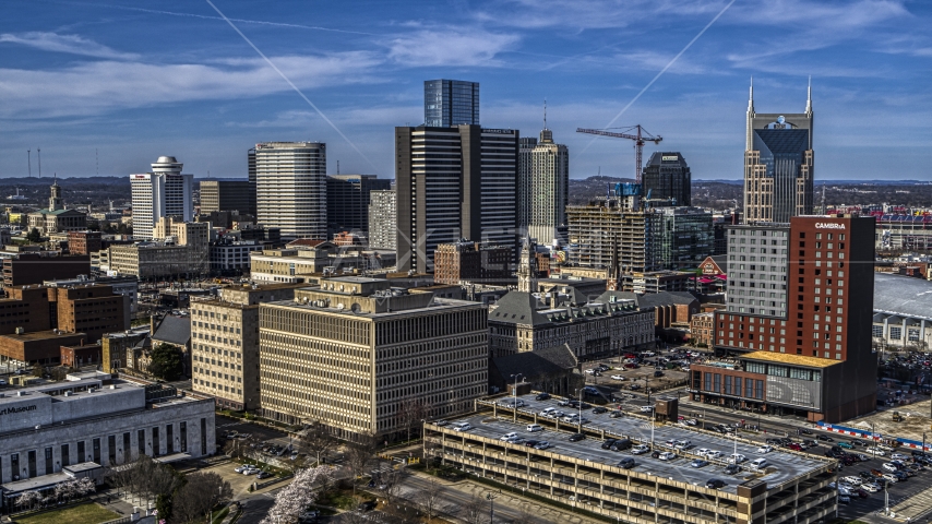 The Renaissance Nashville Hotel near skyscrapers in Downtown Nashville, Tennessee Aerial Stock Photo DXP002_118_0006 | Axiom Images