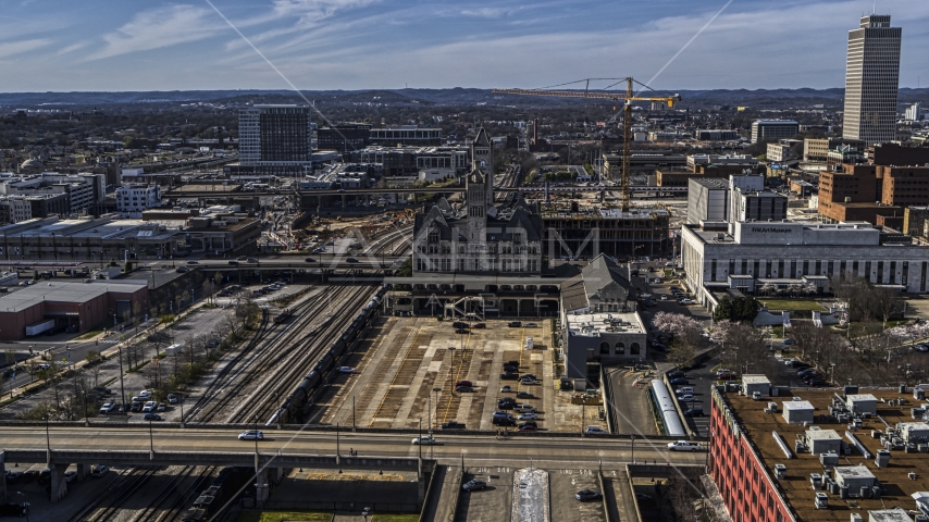 Union Station Hotel in Downtown Nashville, Tennessee Aerial Stock Photo DXP002_118_0011 | Axiom Images