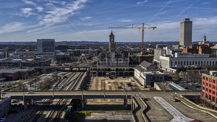 A view of Union Station Hotel in Downtown Nashville, Tennessee Aerial Stock Photo DXP002_118_0012 | Axiom Images