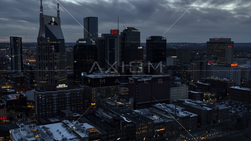 Tall skyscrapers near AT&T Building at twilight, Downtown Nashville, Tennessee Aerial Stock Photo DXP002_120_0014 | Axiom Images