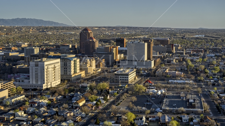 High-rise office buildings seen from courthouse in Downtown Albuquerque, New Mexico Aerial Stock Photo DXP002_122_0005 | Axiom Images