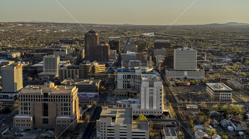 A view of office high-rise buildings in Downtown Albuquerque, New Mexico Aerial Stock Photo DXP002_122_0006 | Axiom Images