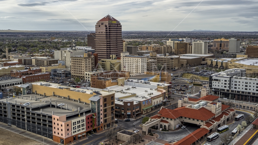 Albuquerque Plaza high-rise and neighboring city buildings, Downtown Albuquerque, New Mexico Aerial Stock Photo DXP002_127_0002 | Axiom Images