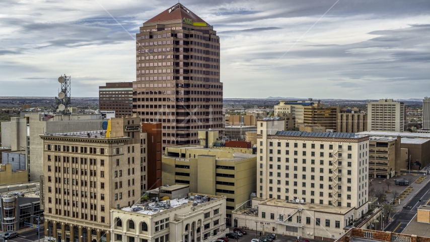 Albuquerque Plaza and other city buildings in Downtown Albuquerque, New Mexico Aerial Stock Photo DXP002_127_0003 | Axiom Images