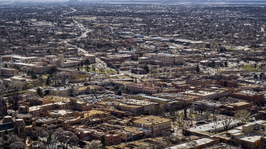 City buildings in the downtown area of Santa Fe, New Mexico Aerial Stock Photo DXP002_129_0012 | Axiom Images