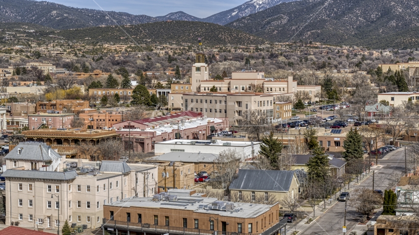 State government buildings in the city's downtown area, Santa Fe, New Mexico Aerial Stock Photo DXP002_129_0016 | Axiom Images