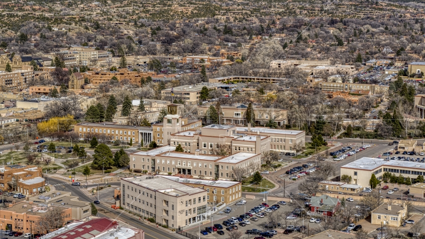 The Bataan Memorial Building in Santa Fe, New Mexico Aerial Stock Photo DXP002_129_0019 | Axiom Images