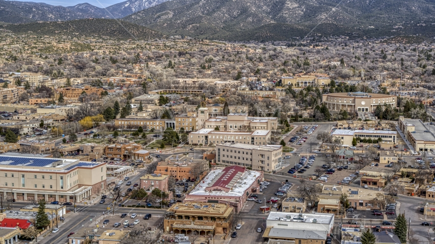 The Bataan Memorial Building near New Mexico State Capitol building, Santa Fe, New Mexico Aerial Stock Photo DXP002_130_0006 | Axiom Images