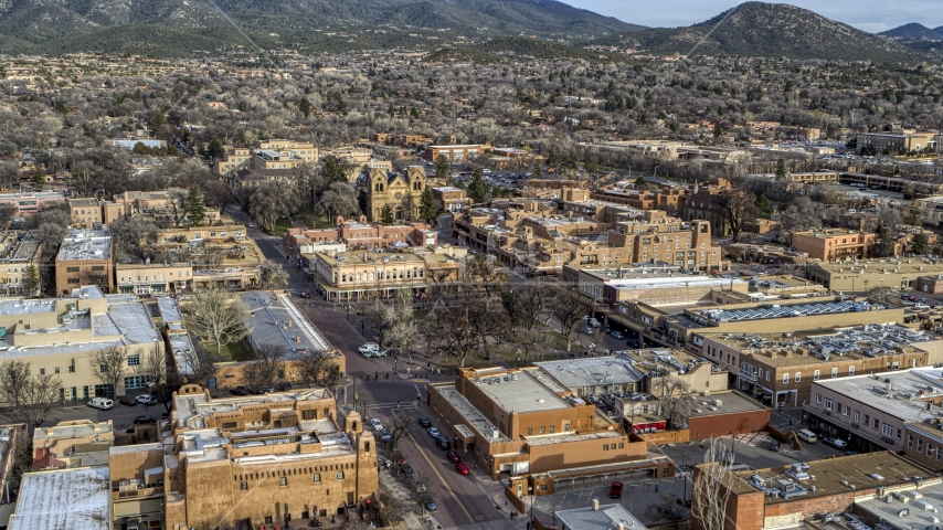 Santa Fe Plaza in downtown, Santa Fe, New Mexico Aerial Stock Photo DXP002_131_0012 | Axiom Images